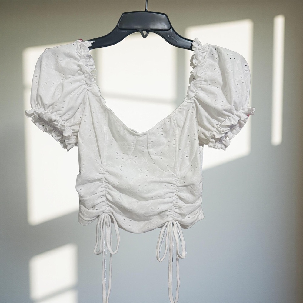 Puff Sleeve Frill Detail Faux Drawstring Ruched Top